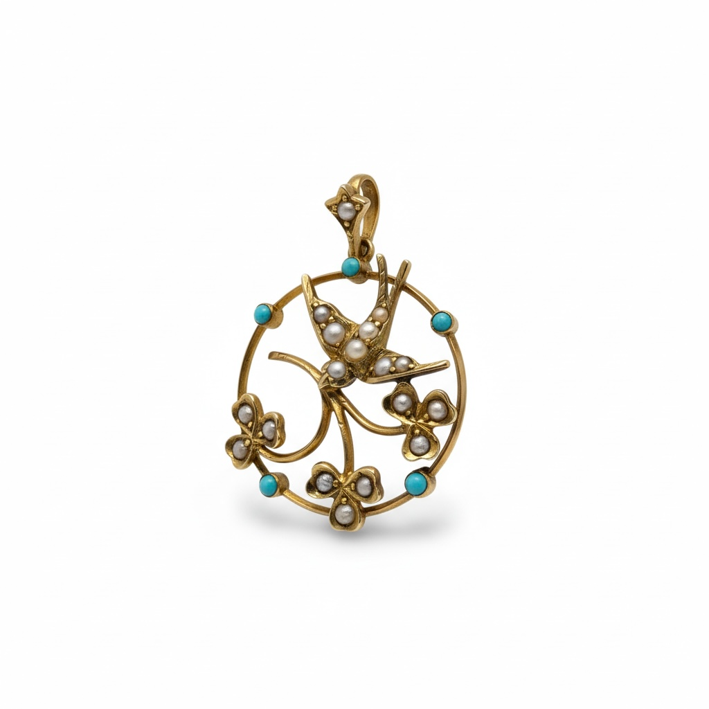 9ct Gold Swallow in Flight Pendant, Antique Edwardian