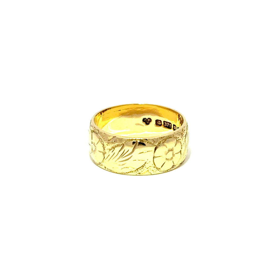 Alianza de boda vintage de oro amarillo de 9 quilates con diseño floral, 7 mm