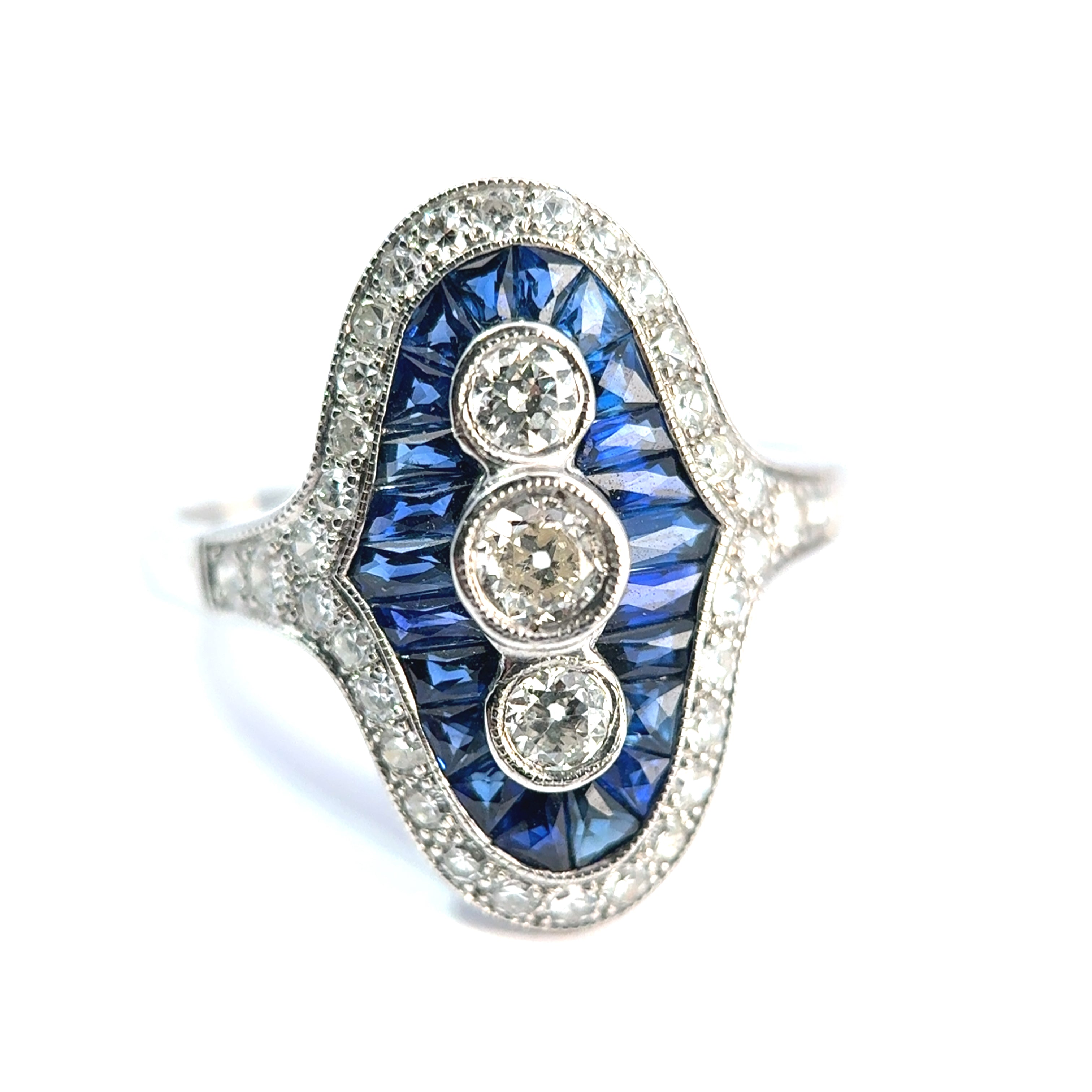 18ct White Gold Sapphire and Diamond Navette Ring, Art Deco Style