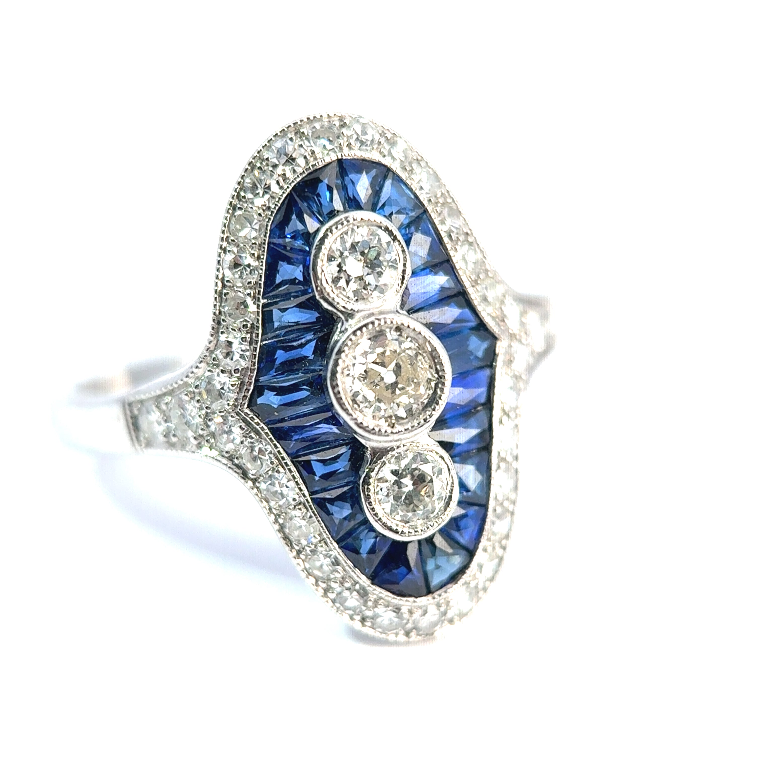 18ct White Gold Sapphire and Diamond Navette Ring, Art Deco Style