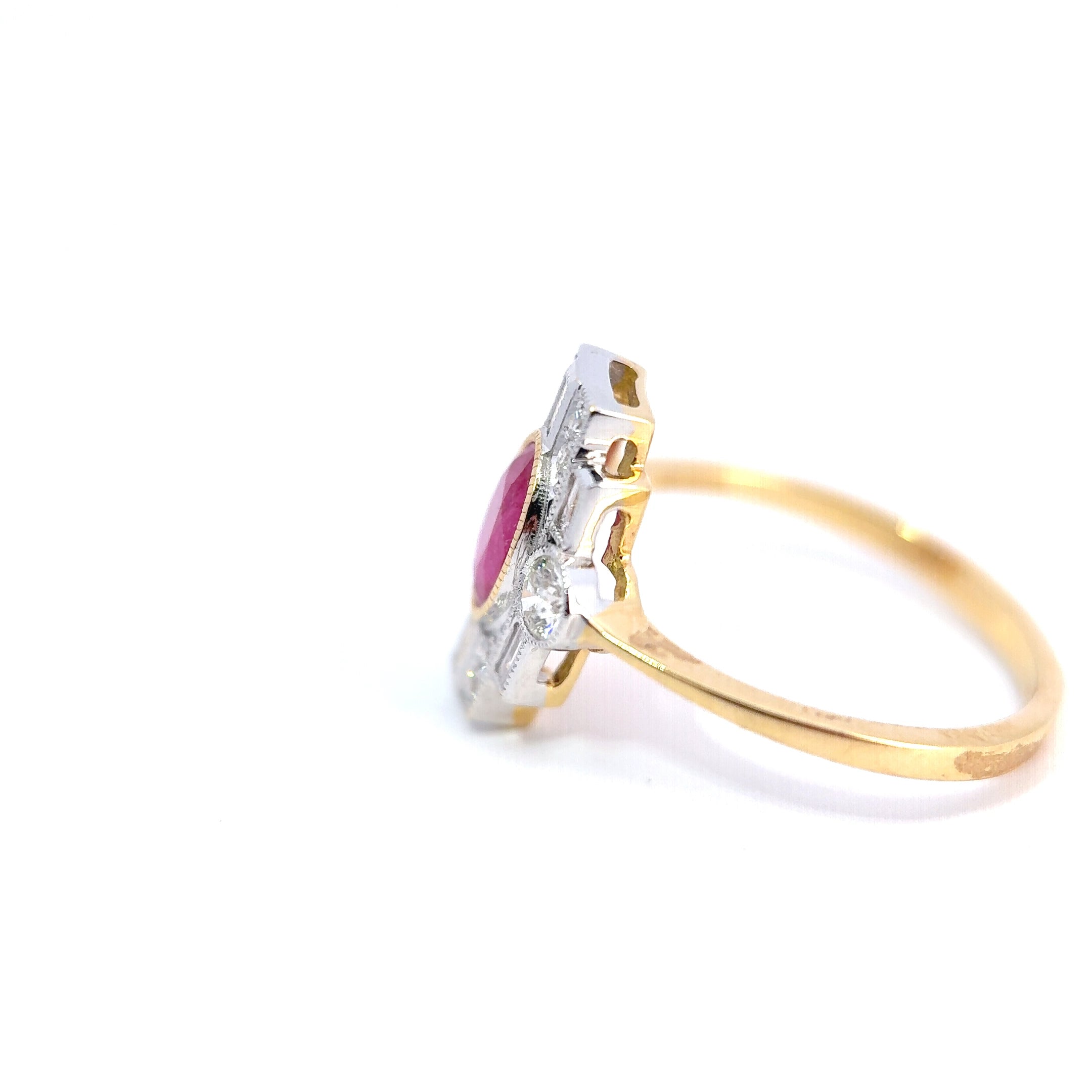 18ct Yellow Gold Oval Ruby & Diamond Art Deco Style Cluster Ring