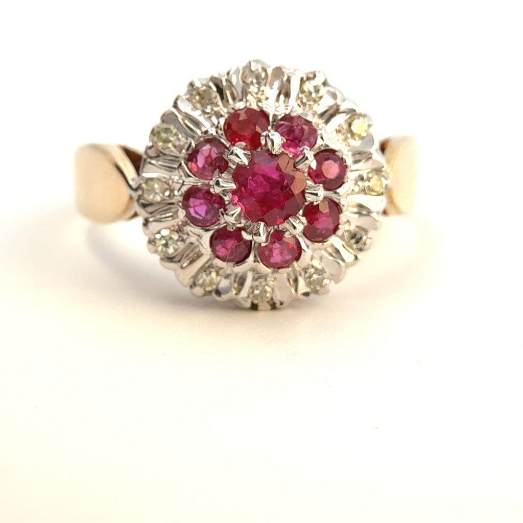 Vintage 9ct Yellow Gold Ruby and Diamond Cluster Ring