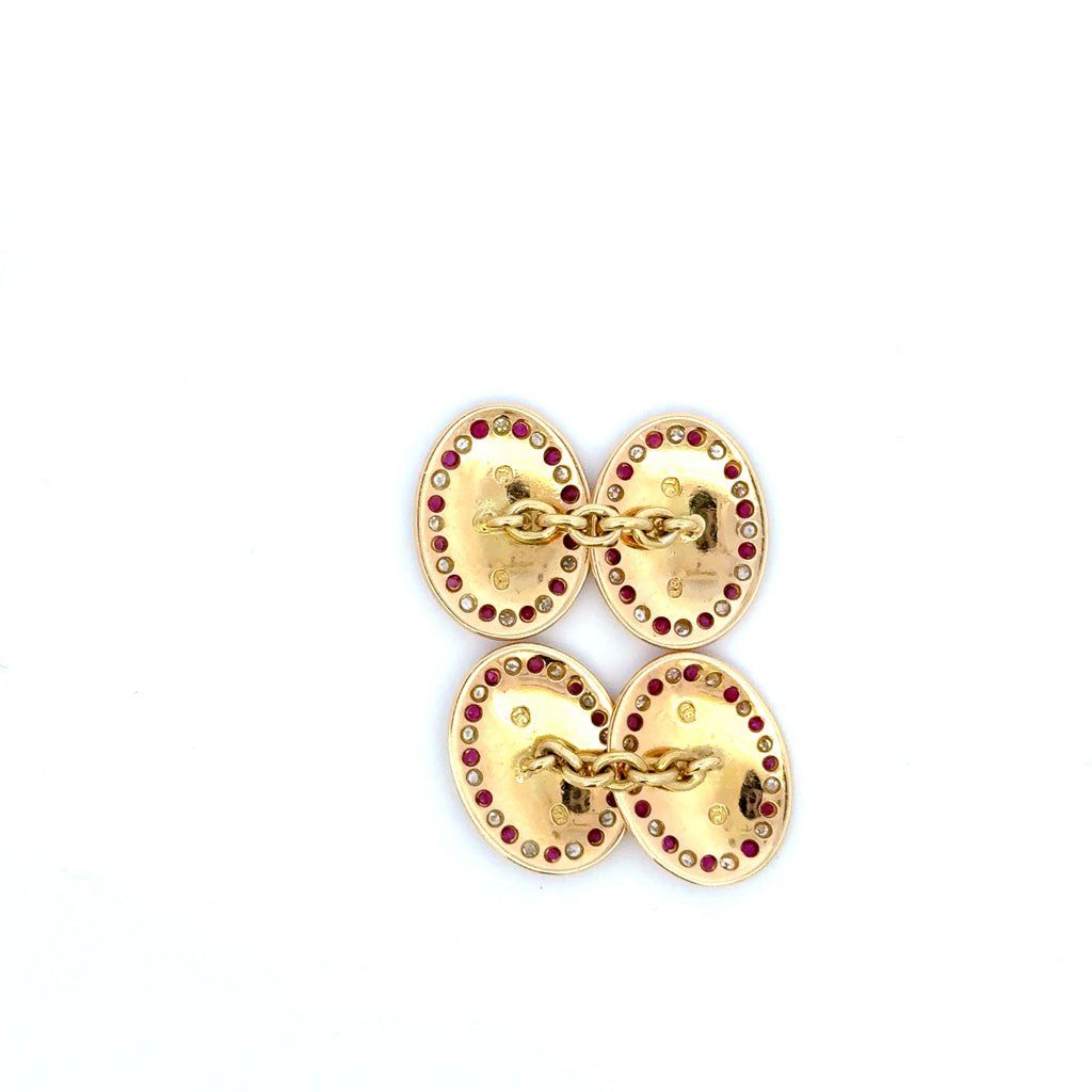 Antique Pair of 18ct Yellow Gold Ruby & Diamond Grain Set Oval Cufflinks (Pre-Loved)