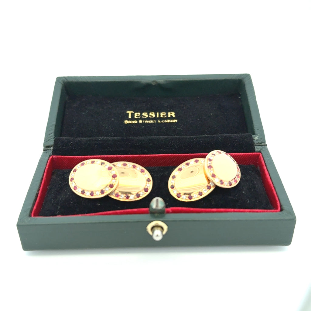Antique Pair of 18ct Yellow Gold Ruby & Diamond Grain Set Oval Cufflinks (Pre-Loved)