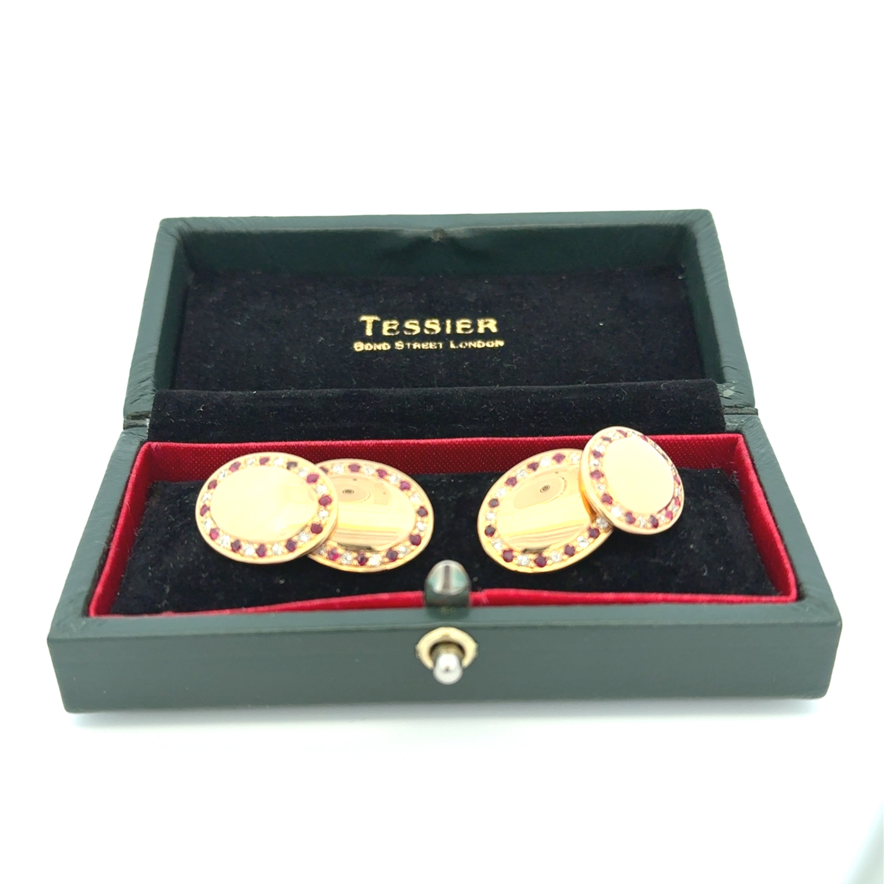 Antique Pair of 18ct Yellow Gold Ruby & Diamond Grain Set Oval Cufflinks (Pre-Loved)