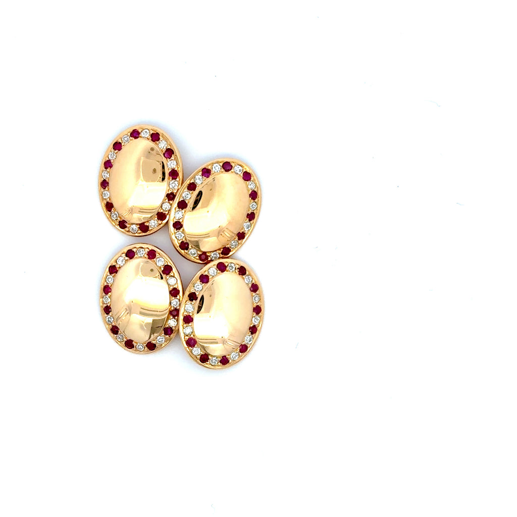 Antique Pair of 18ct Yellow Gold Ruby & Diamond Grain Set Oval Cufflinks (Pre-Loved)