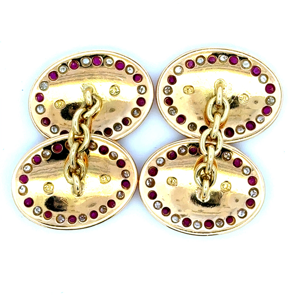 Antique Pair of 18ct Yellow Gold Ruby & Diamond Grain Set Oval Cufflinks (Pre-Loved)