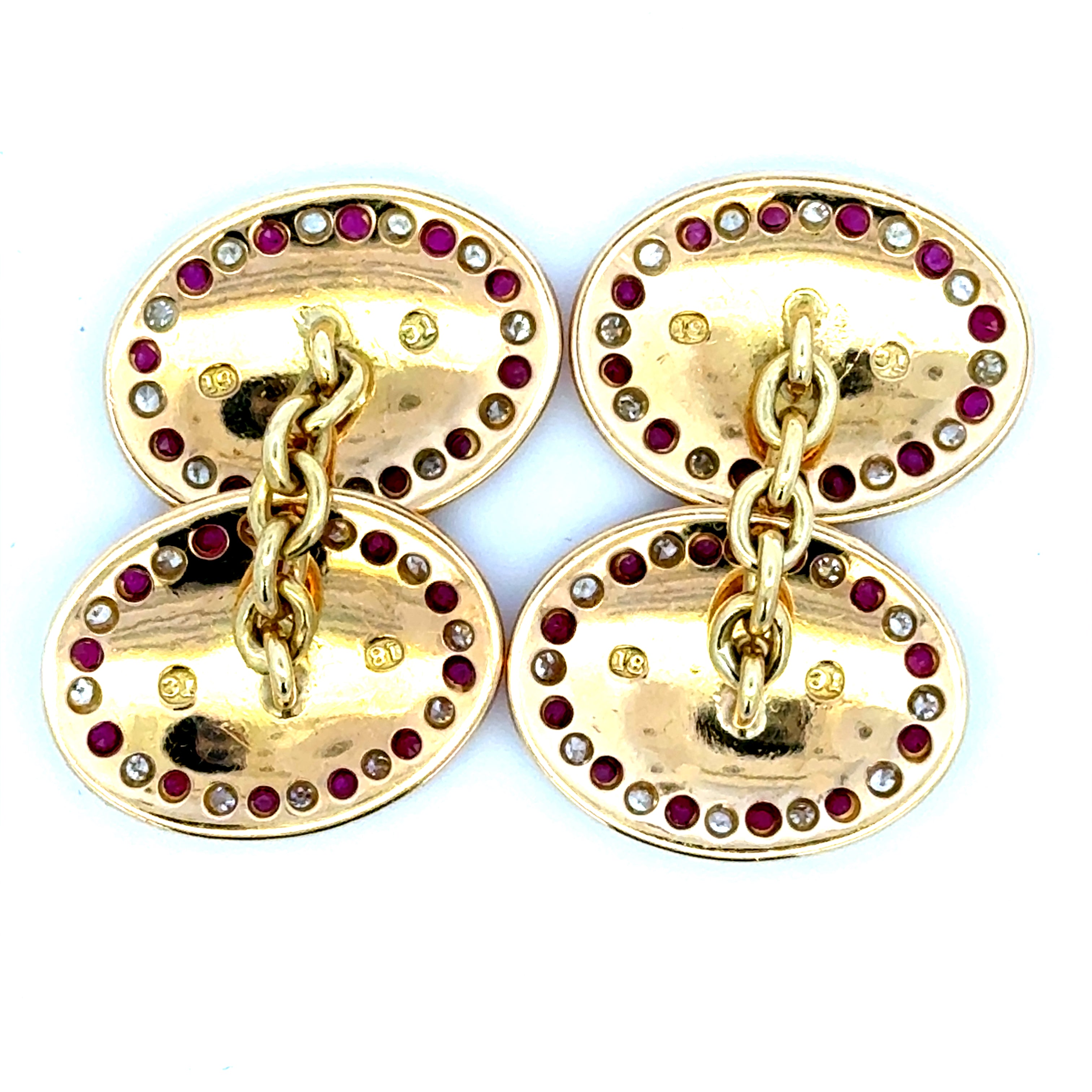 Antique Pair of 18ct Yellow Gold Ruby & Diamond Grain Set Oval Cufflinks (Pre-Loved)
