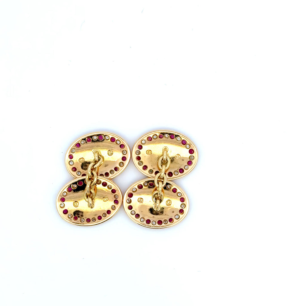 Antique Pair of 18ct Yellow Gold Ruby & Diamond Grain Set Oval Cufflinks (Pre-Loved)