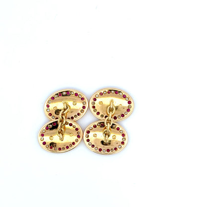 Antique Pair of 18ct Yellow Gold Ruby & Diamond Grain Set Oval Cufflinks (Pre-Loved)