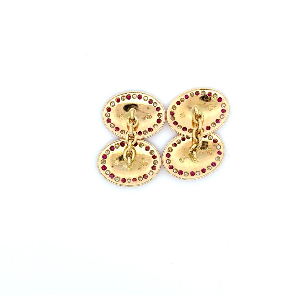 Antique Pair of 18ct Yellow Gold Ruby & Diamond Grain Set Oval Cufflinks (Pre-Loved)