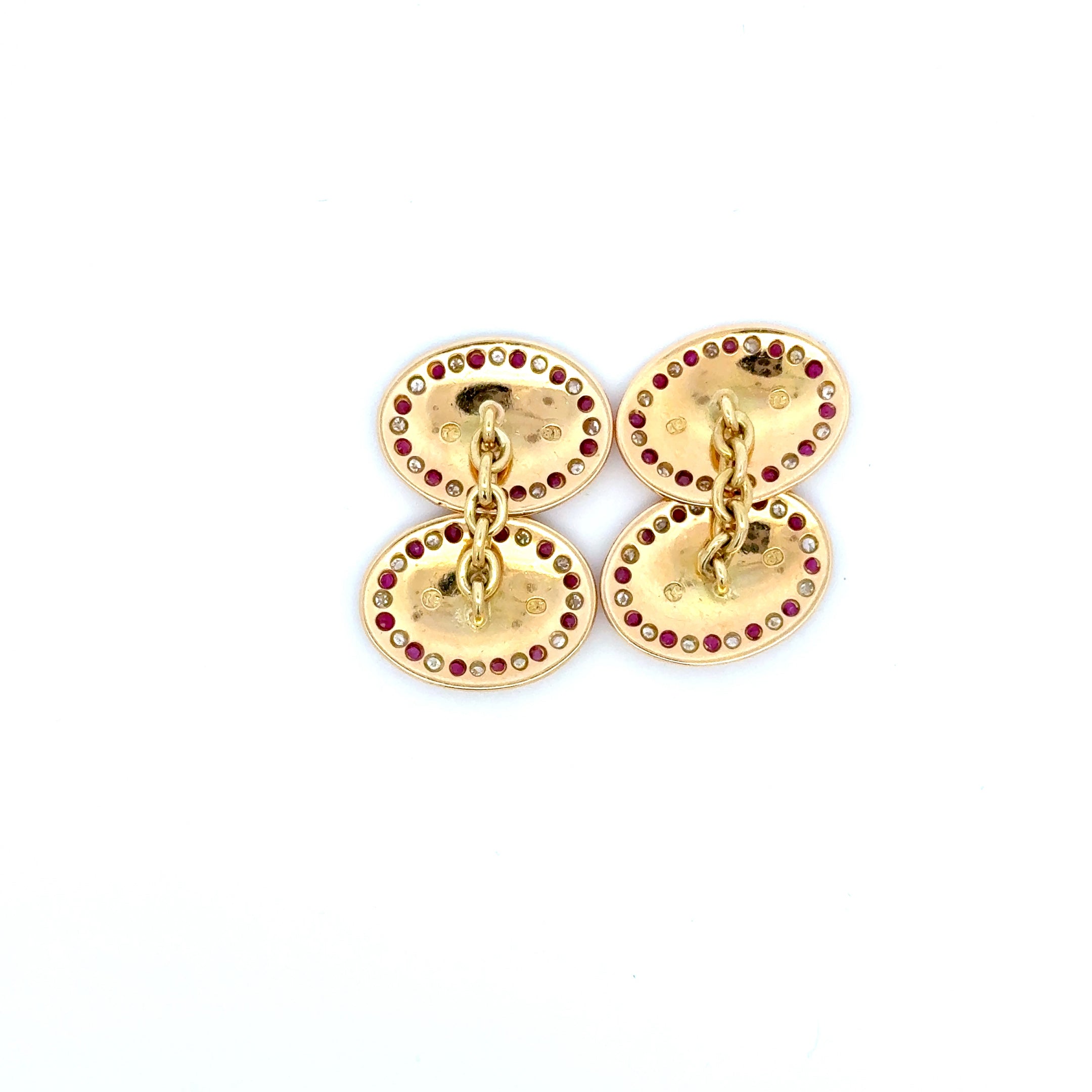 Antique Pair of 18ct Yellow Gold Ruby & Diamond Grain Set Oval Cufflinks (Pre-Loved)