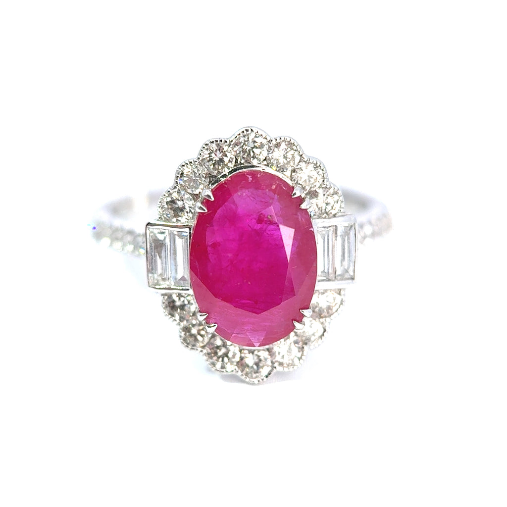 18ct White Gold Oval Ruby & Diamond Cluster Ring