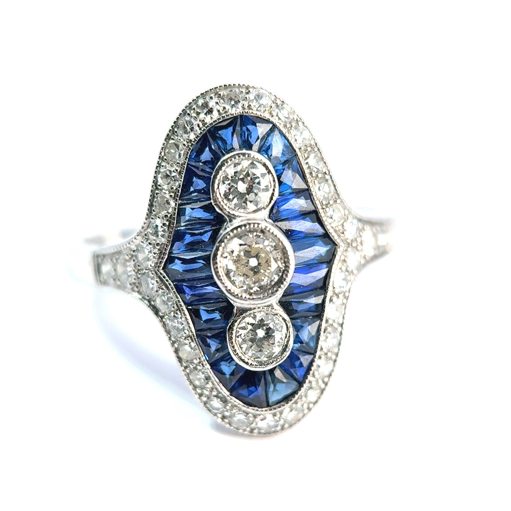 18ct White Gold Sapphire and Diamond Navette Ring, Art Deco Style
