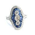 18ct White Gold Sapphire and Diamond Navette Ring, Art Deco Style