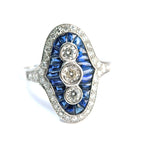 18ct White Gold Sapphire and Diamond Navette Ring, Art Deco Style