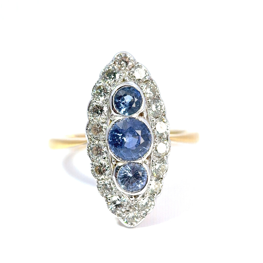 18ct Yellow and White Gold Navette Cluster Ring Set with Sapphire and Diamond