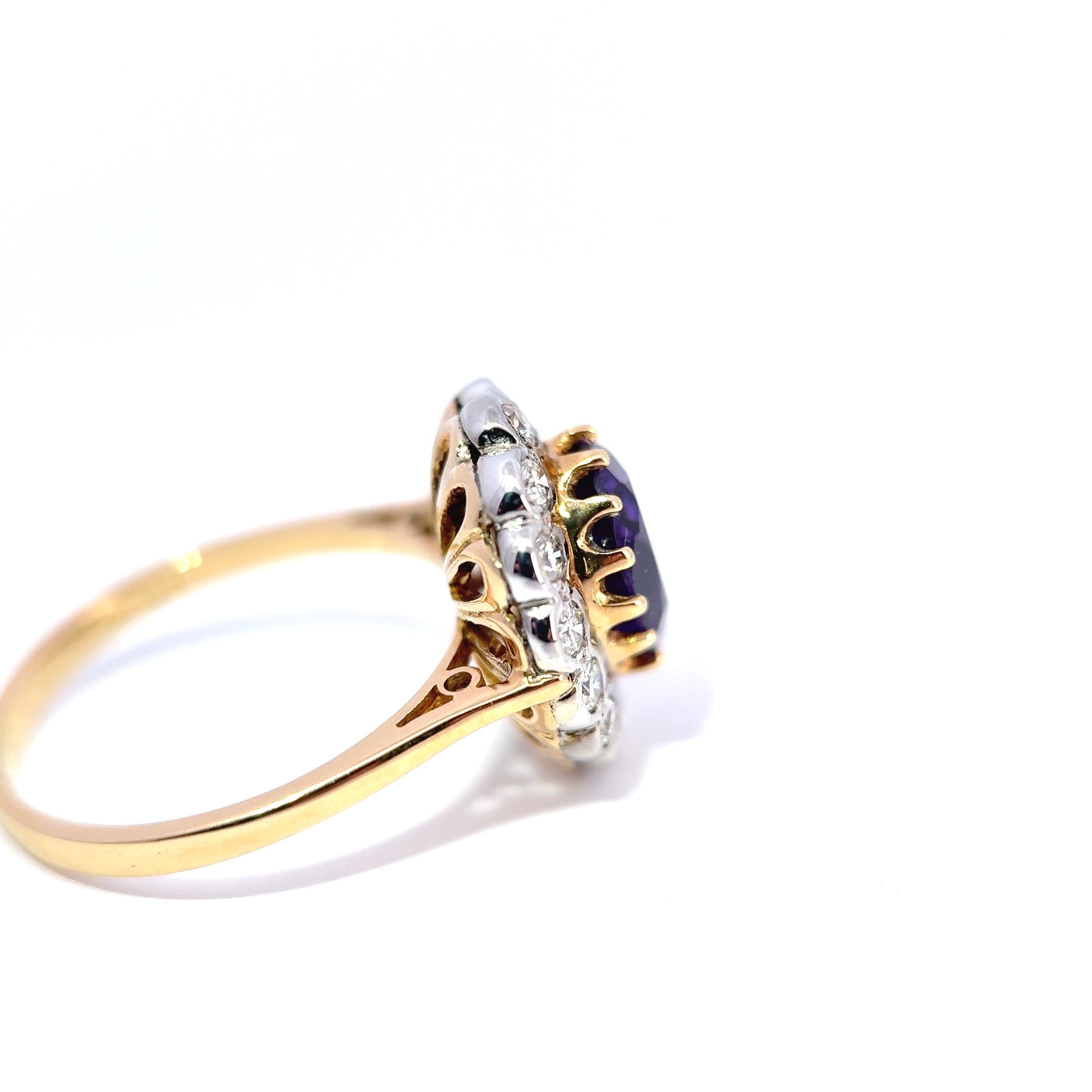 Vintage 18ct Yellow Gold & Platinum Amethyst & Diamond Cluster Ring (c. 1940’s)