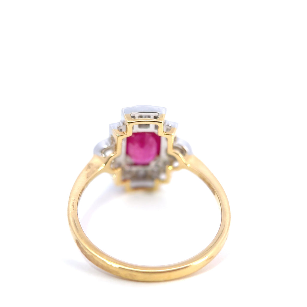 18ct Yellow Gold Oval Ruby & Diamond Art Deco Style Cluster Ring