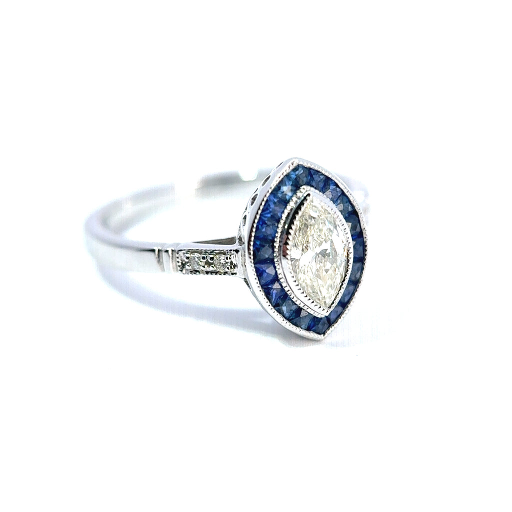 18ct White Gold Marquise Diamond & French-Cut Sapphire Halo Ring