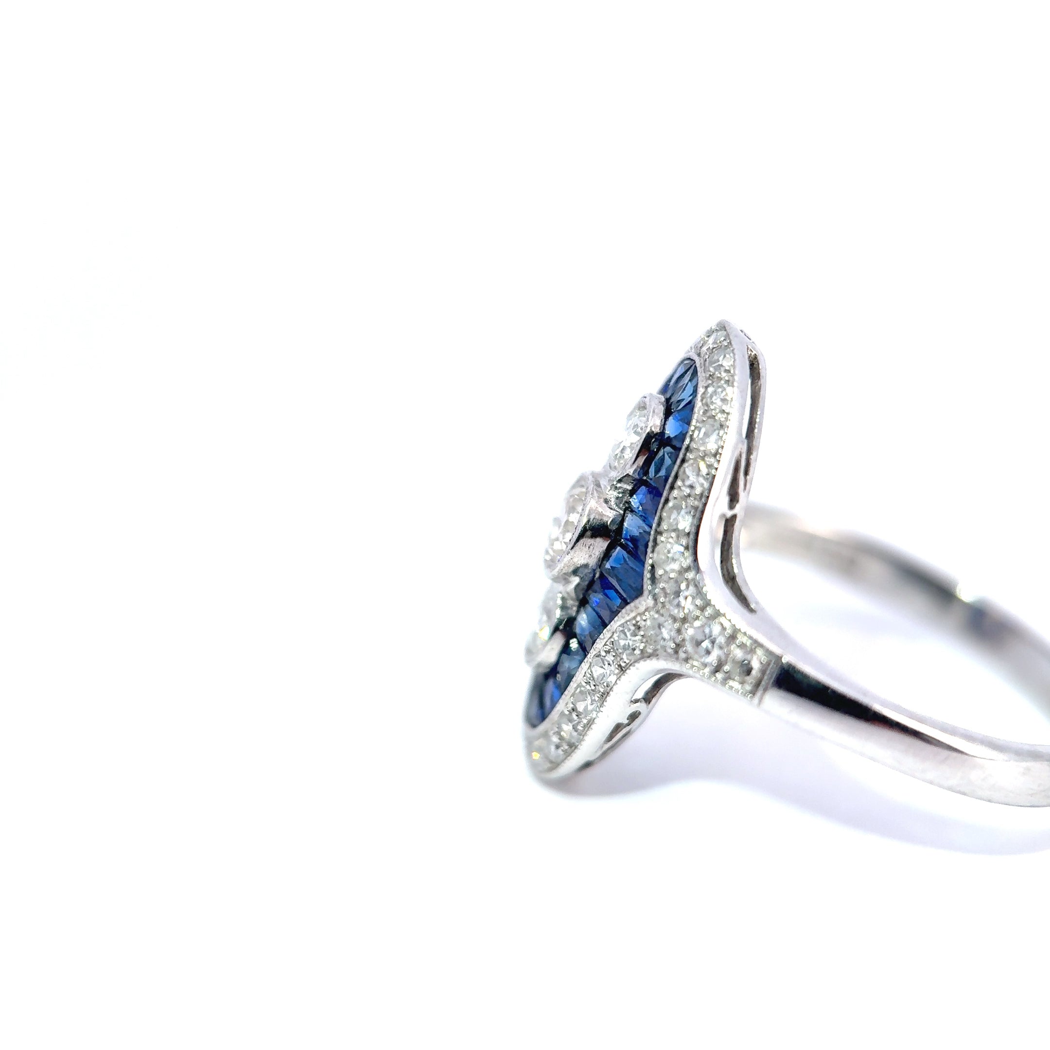 18ct White Gold Sapphire and Diamond Navette Ring, Art Deco Style