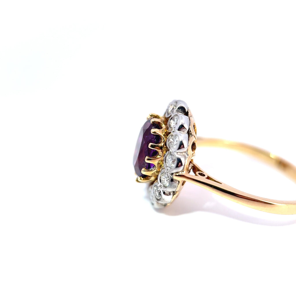 Vintage 18ct Yellow Gold & Platinum Amethyst & Diamond Cluster Ring (c. 1940’s)