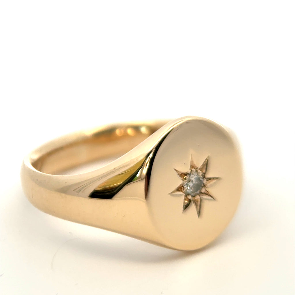 9ct Yellow Gold Oval Diamond Set Signet Ring