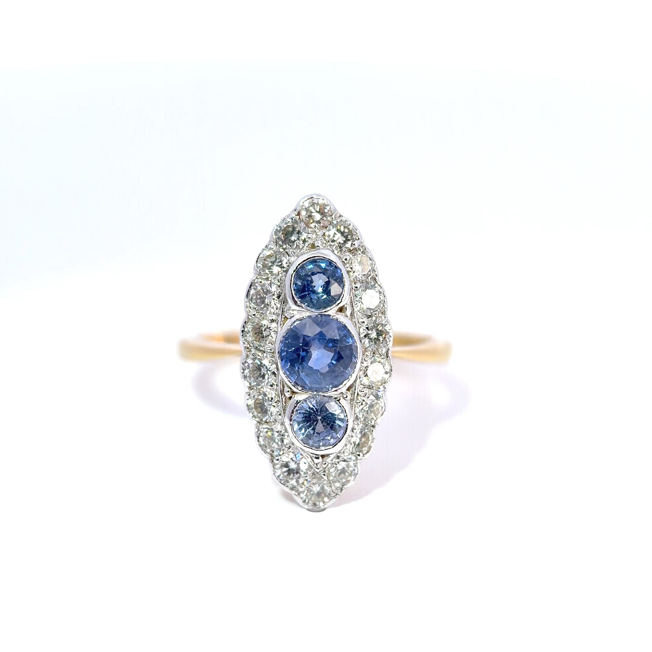 18ct Yellow and White Gold Navette Cluster Ring Set with Sapphire and Diamond