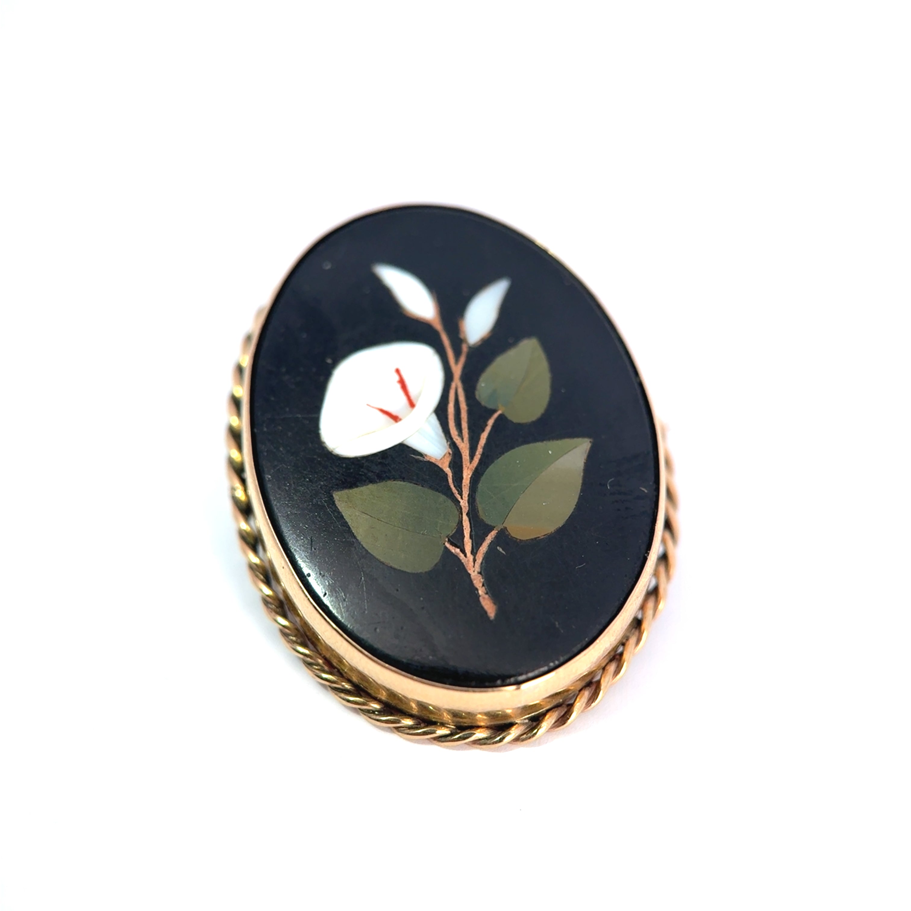 Antique 9ct Yellow Gold Pietra Dura Calla Lily Brooch