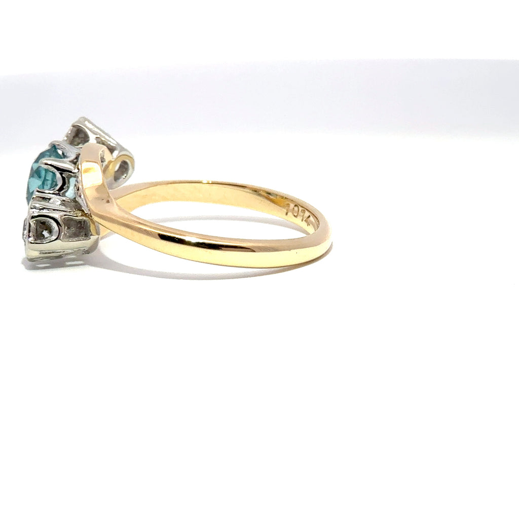 Antique Edwardian 18ct Yellow Gold & Platinum Blue Zircon & Diamond Trilogy Ring