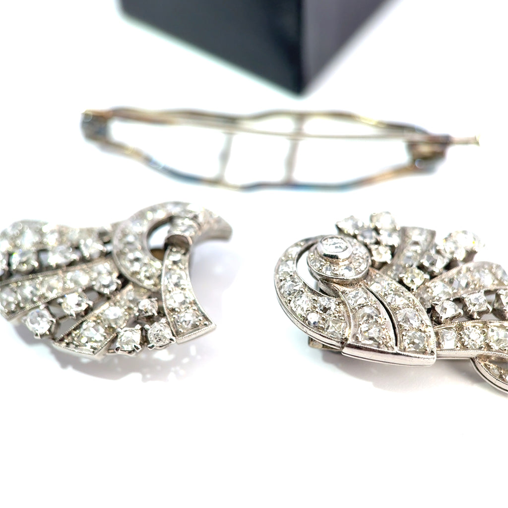 Art Deco Platinum & Mixed-Cut Diamond Convertible Double-Clip Broooch, (c. 1935)