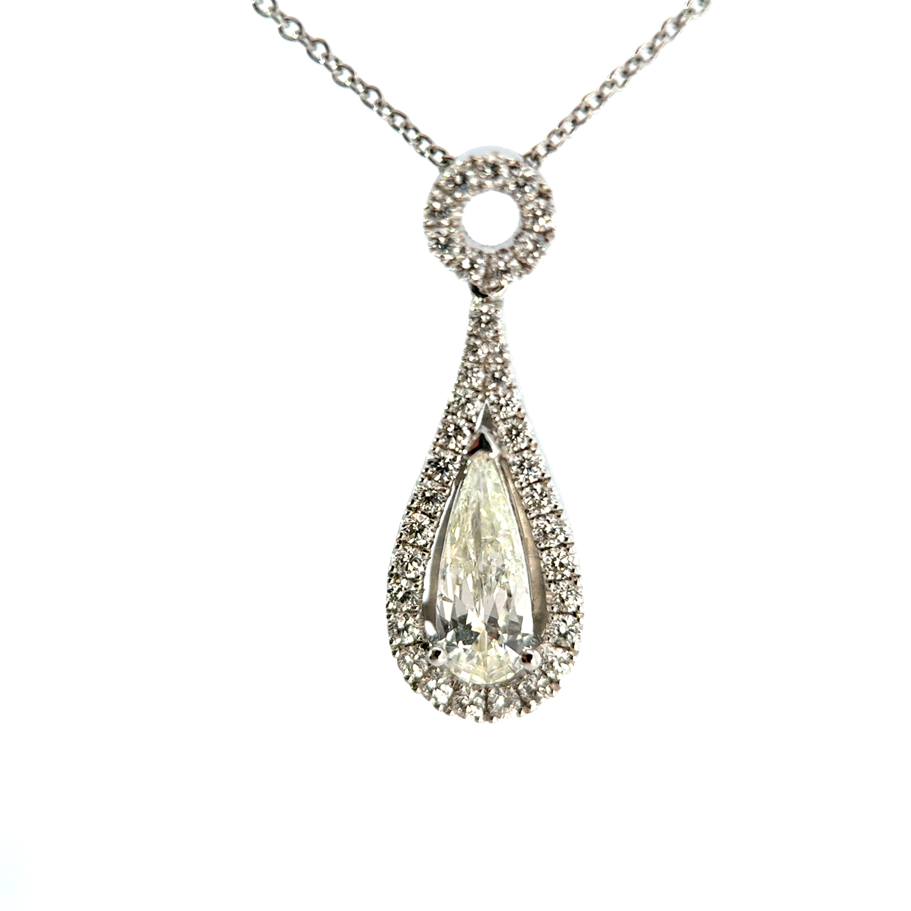 18ct White Gold Pear Cut Diamond Halo Necklace