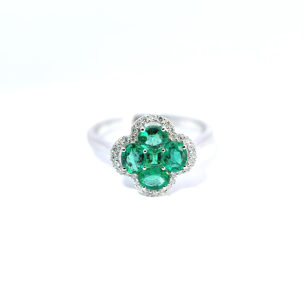 18ct White Gold Emerald and Diamond Clover Ring