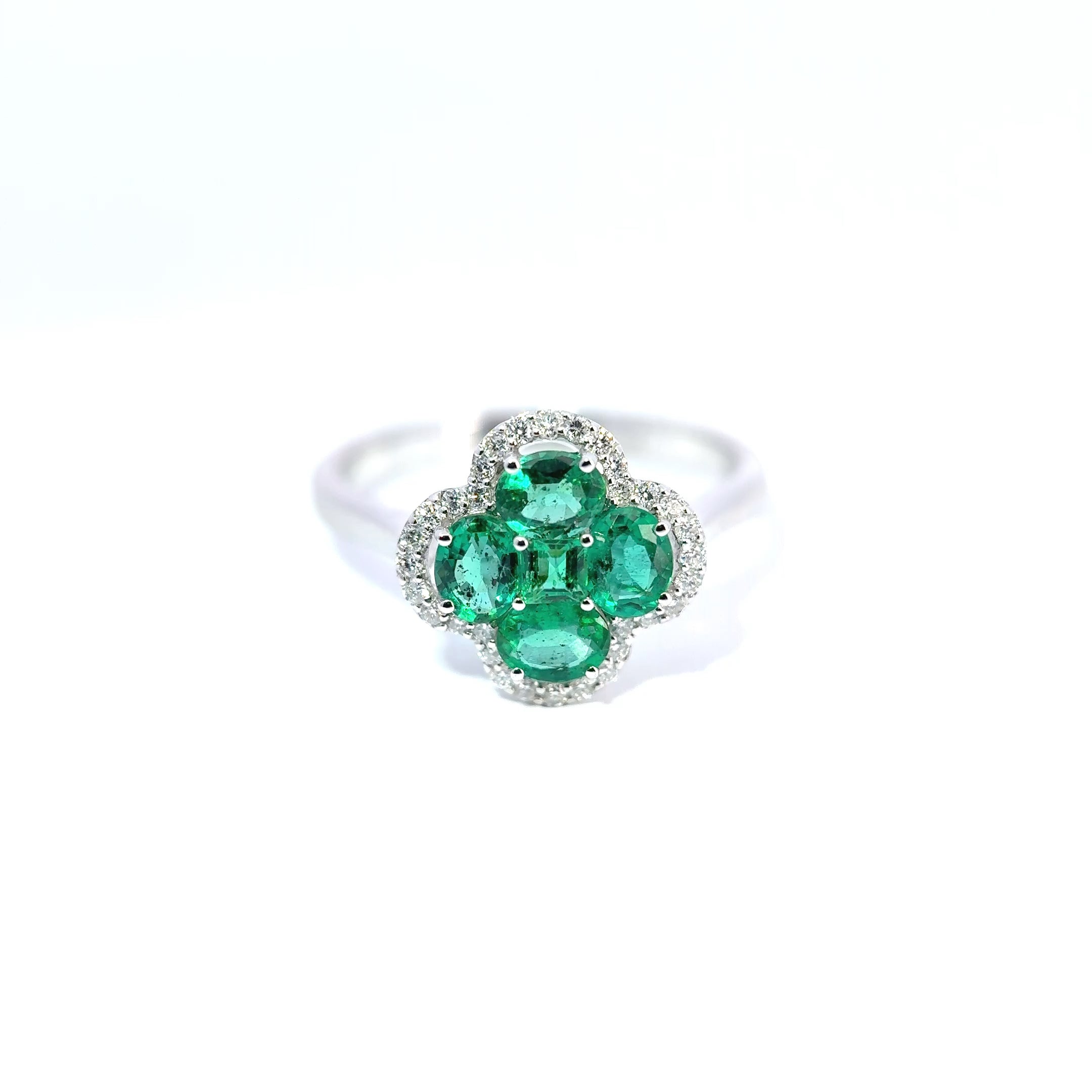 18ct White Gold Emerald and Diamond Clover Ring