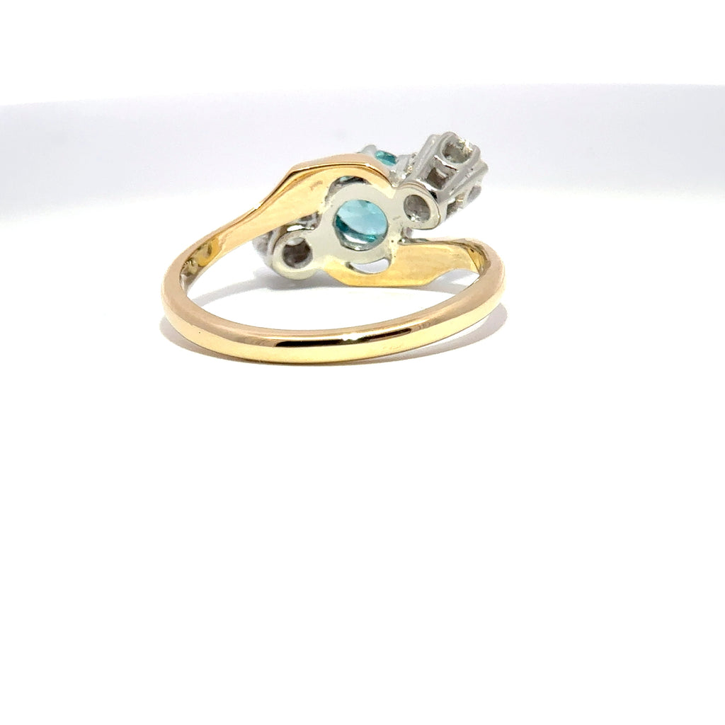 Antique Edwardian 18ct Yellow Gold & Platinum Blue Zircon & Diamond Trilogy Ring