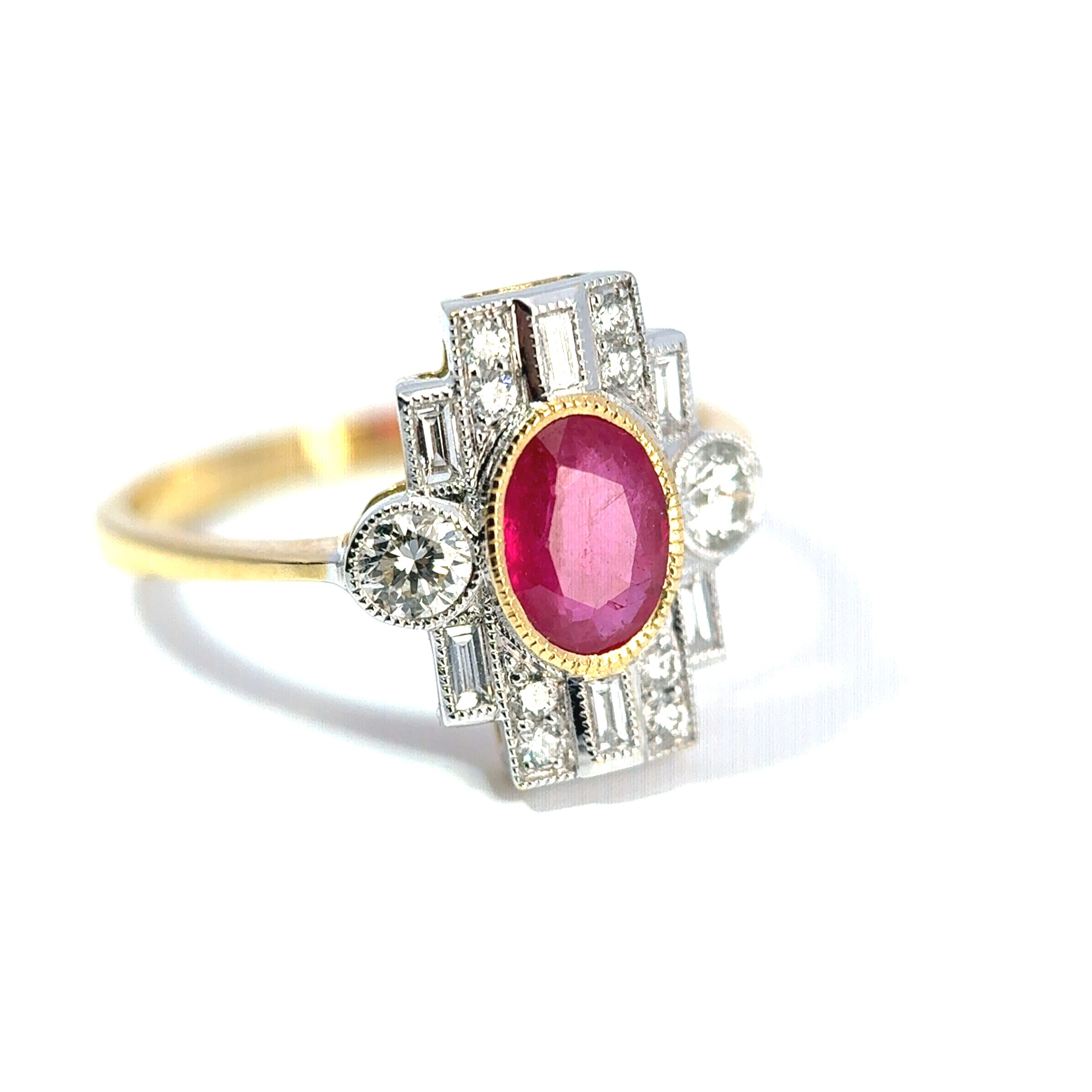 18ct Yellow Gold Oval Ruby & Diamond Art Deco Style Cluster Ring