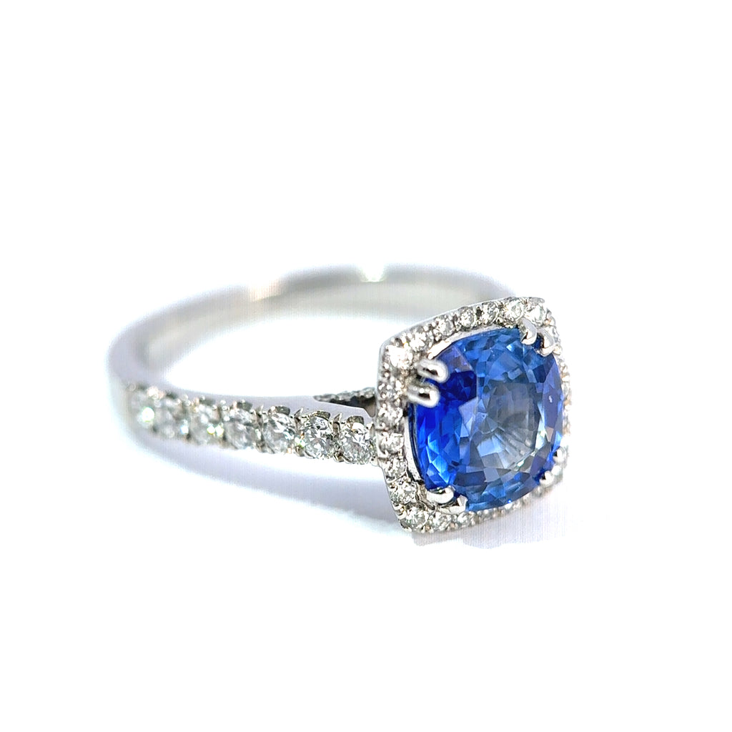 Platinum Cushion-Cut Sapphire & Diamond Halo Ring