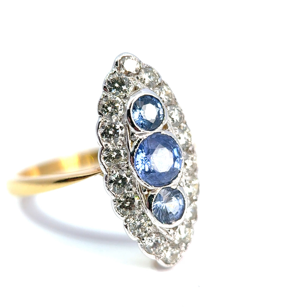 18ct Yellow and White Gold Navette Cluster Ring Set with Sapphire and Diamond