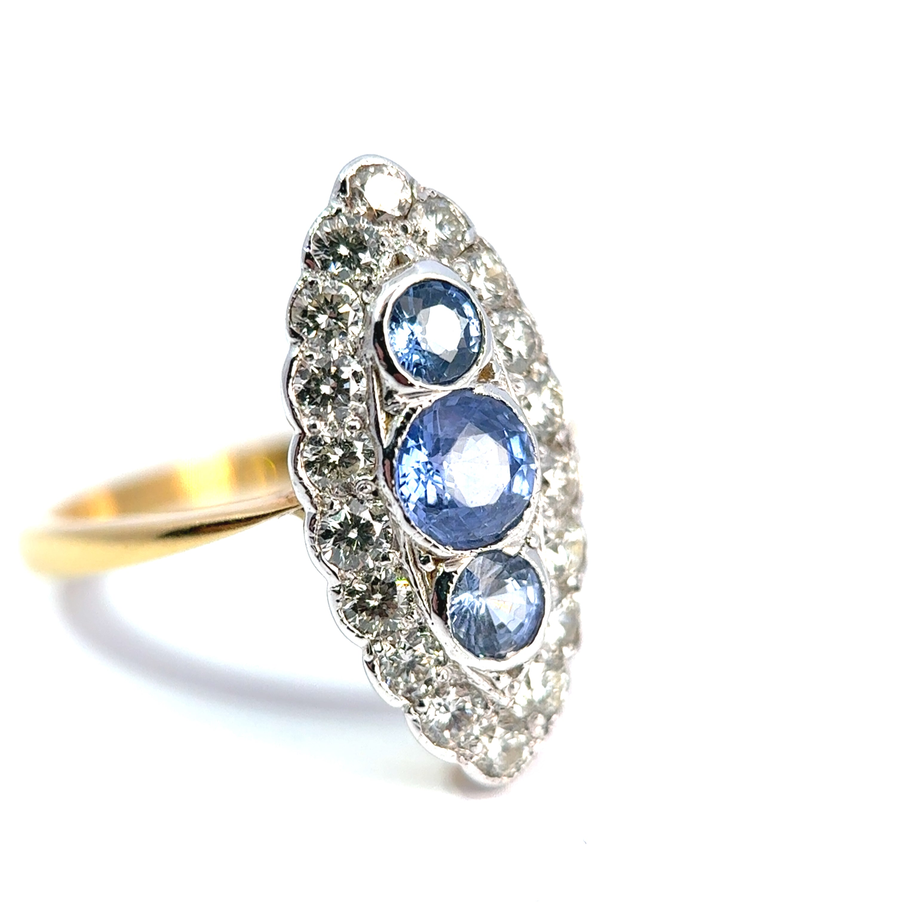 18ct Yellow and White Gold Navette Cluster Ring Set with Sapphire and Diamond