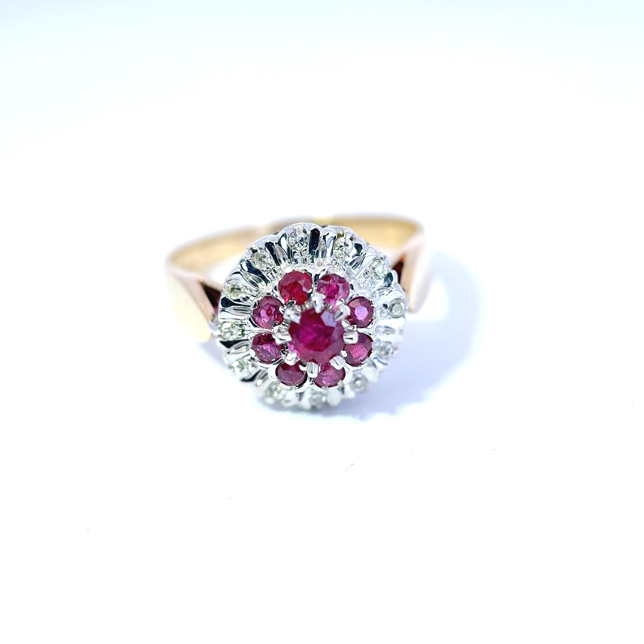 Vintage 9ct Yellow Gold Ruby and Diamond Cluster Ring