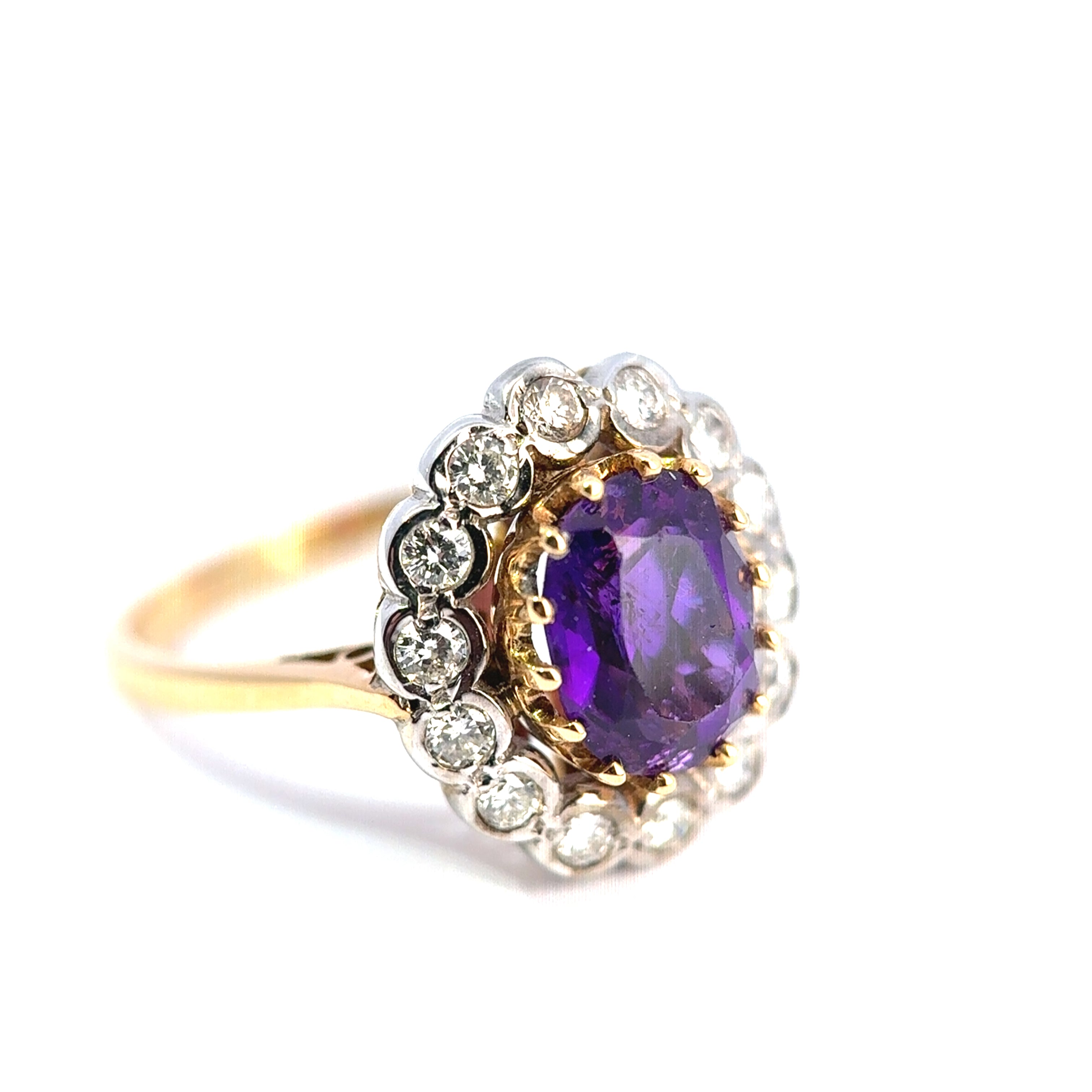 Vintage 18ct Yellow Gold & Platinum Amethyst & Diamond Cluster Ring (c. 1940’s)