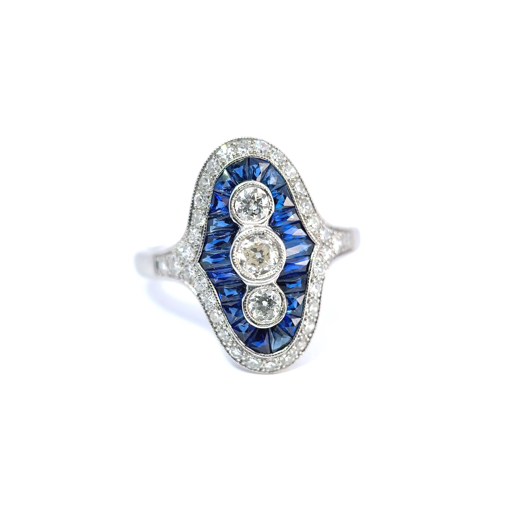 18ct White Gold Sapphire and Diamond Navette Ring, Art Deco Style