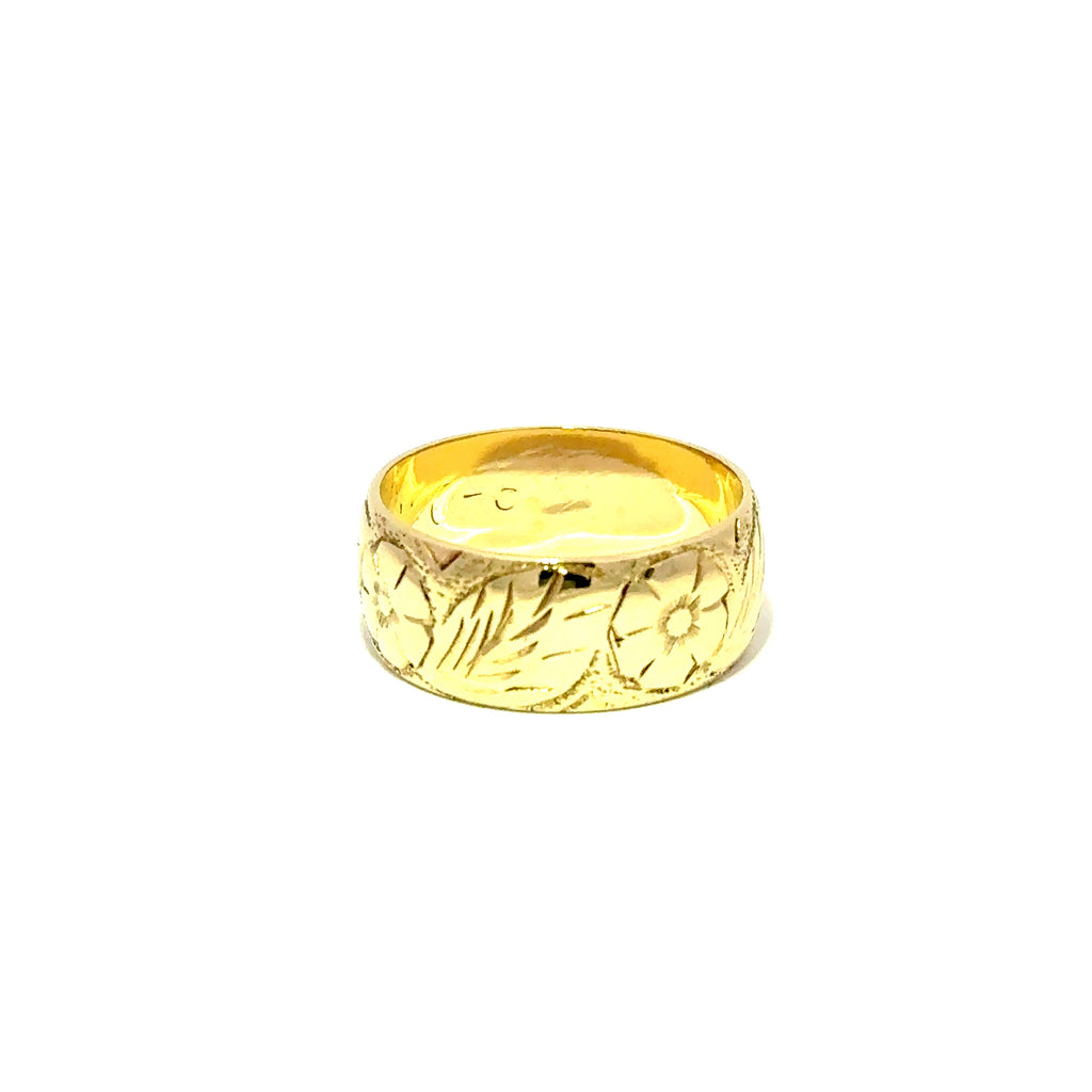 Alianza de boda vintage de oro amarillo de 9 quilates con diseño floral, 7 mm