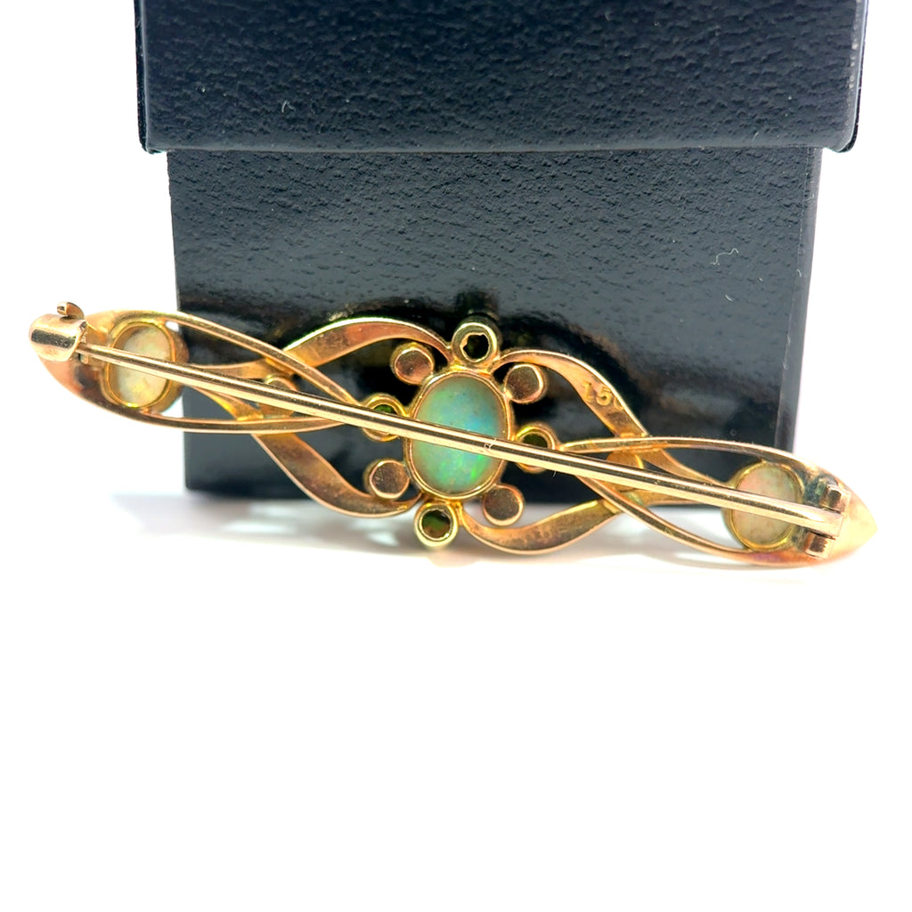 Antique 15ct Yellow Gold Opal, Demantoid Garnet & Pearl Brooch, Circa 1900