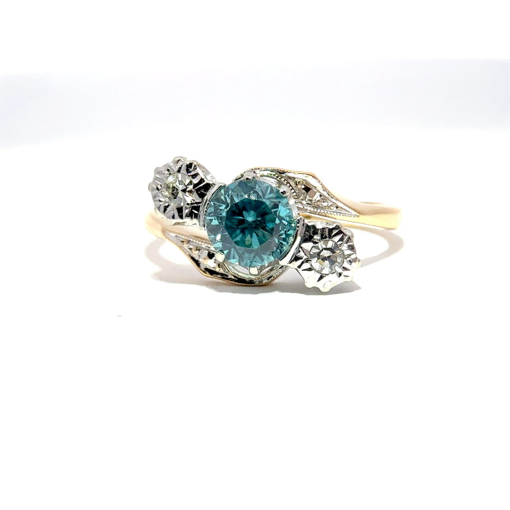 Antique Edwardian 18ct Yellow Gold & Platinum Blue Zircon & Diamond Trilogy Ring