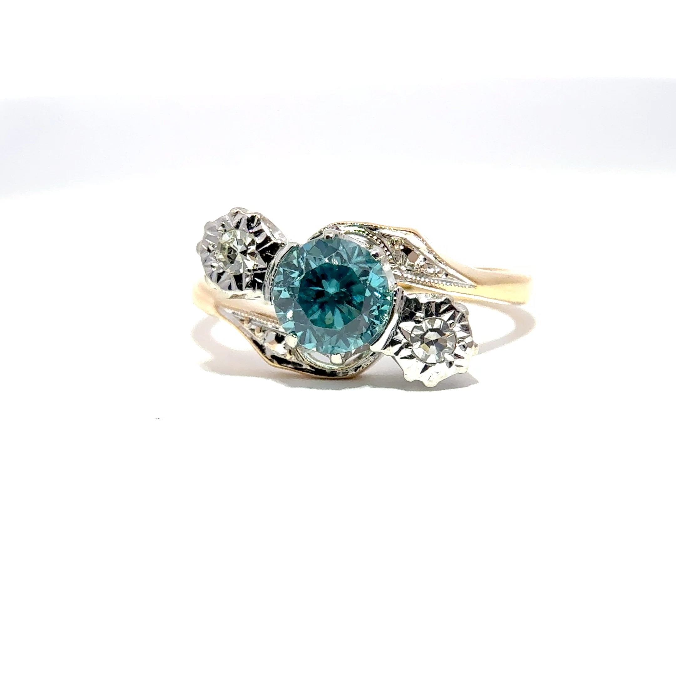 Antique Edwardian 18ct Yellow Gold & Platinum Blue Zircon & Diamond Trilogy Ring