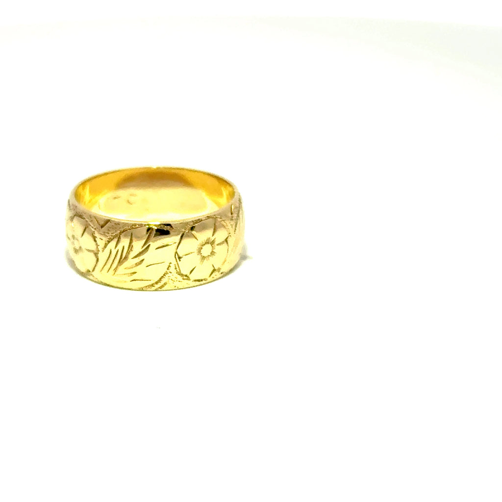 Alianza de boda vintage de oro amarillo de 9 quilates con diseño floral, 7 mm