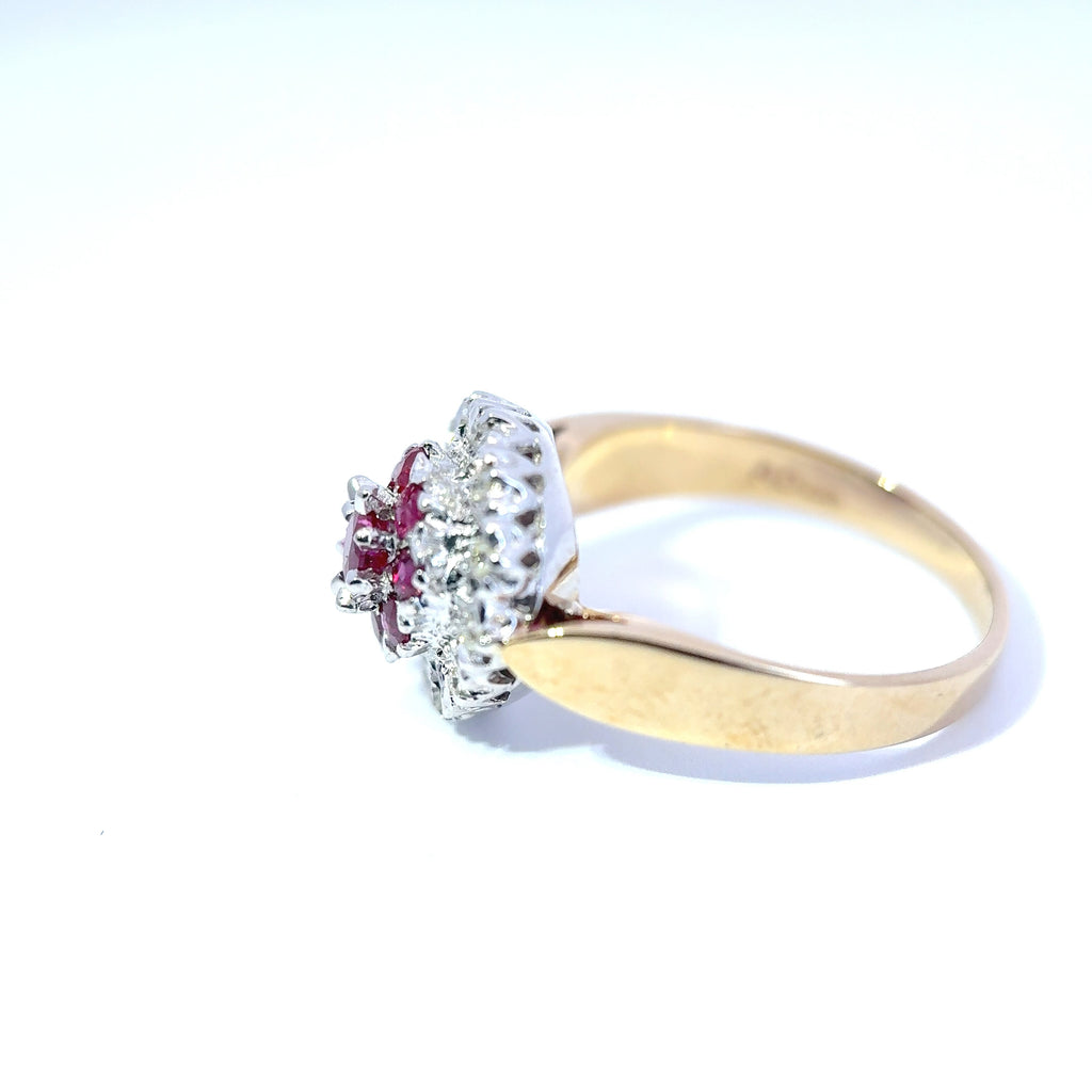Vintage 9ct Yellow Gold Ruby and Diamond Cluster Ring