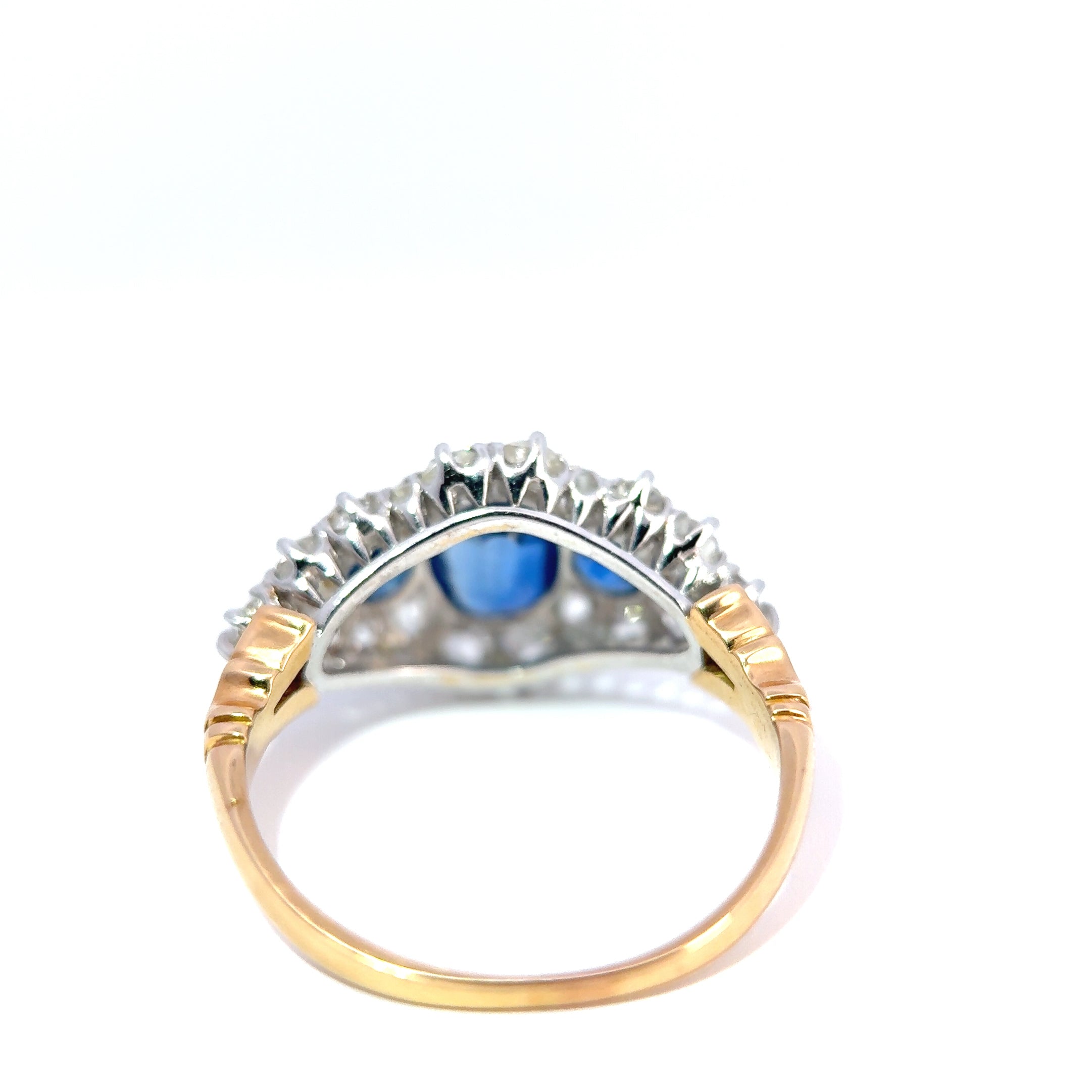 Vintage 18ct Yellow and White Gold Sapphire and Old Cut Diamond Cluster Ring, circa mid twentieth century