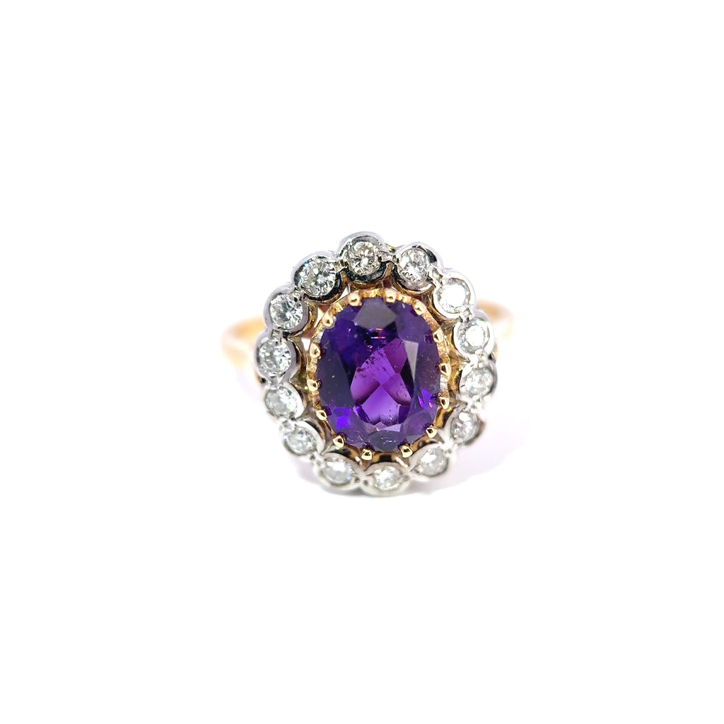 Vintage 18ct Yellow Gold & Platinum Amethyst & Diamond Cluster Ring (c. 1940’s)